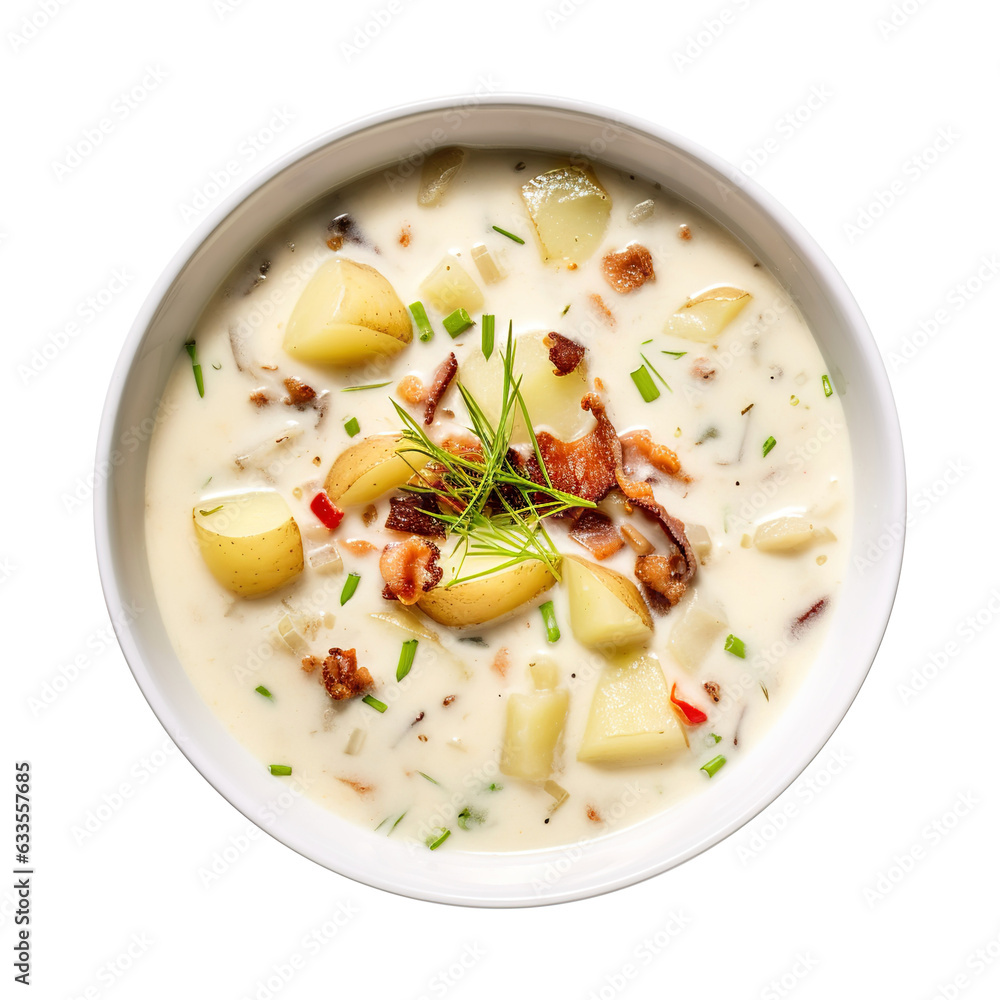 Bowl of clam chowder soup isolated on transparent or white background, png Bowl of clam chowder soup isolated on transparent or white background, png