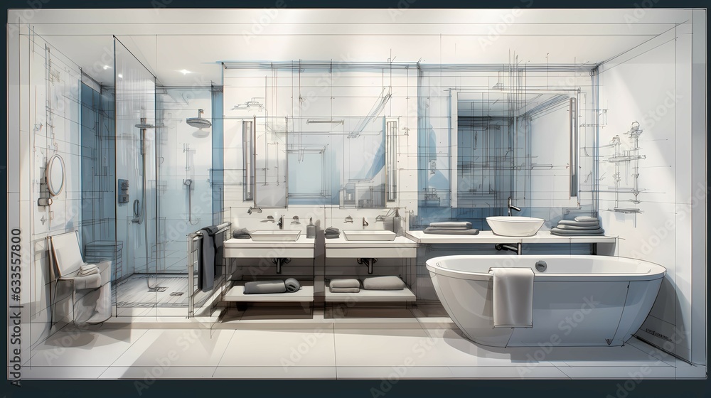 Immersive Fusion: Illustrated Architectural Design Blueprint meets 3D Rendered Reality for Breathtaking Bathroom Concepts Immersive Fusion: Illustrated Architectural Design Blueprint meets 3D Rendered Reality for Breathtaking Bathroom Concepts