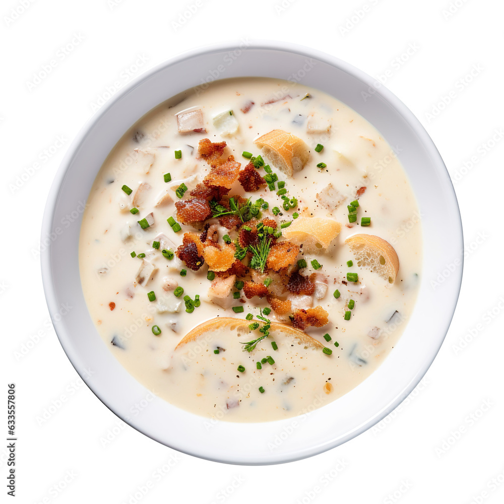 Bowl of clam chowder soup isolated on transparent or white background, png Bowl of clam chowder soup isolated on transparent or white background, png