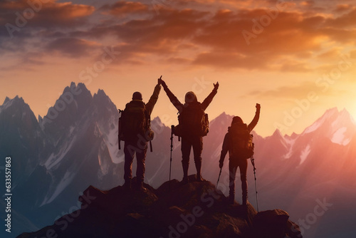 Silhouette of the team on top of mountain. Leadership Concept, sunset in the mountains, AI generate