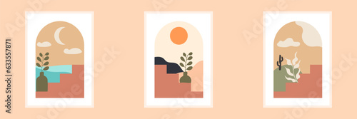 Abstract contemporary aesthetic background with desert landscape,vases,Sun. 
Earth tones, burnt orange, terracotta colors. 
Boho wall decor. 
Mid century modern minimalist art print.
Hand drawn vector