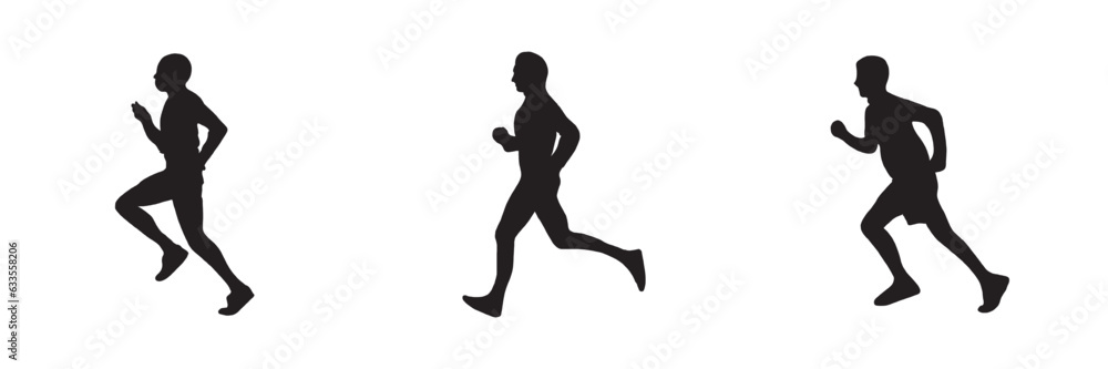 Running side view vector silhouette.
Sprinting man vector silhouette. 
Runner starts running. 

