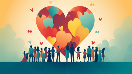 Charity illustration concept with abstract, diverse persons, hands and hearts.
