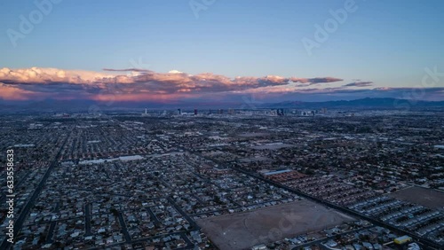 Drone Soars Above Las Vegas Houses in at Morning. Drone Adventures in Las Vegas Neighborhoods. Daytime Life in Las Vegas Neighborhoods photo