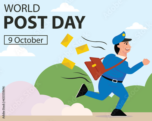 illustration vector graphic of a postal worker came running with a bag full of postcards, perfect for international day, world post day, celebrate, greeting card, etc.