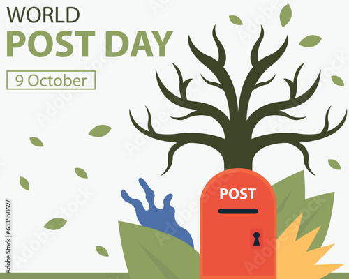 illustration vector graphic of post box under a dry tree, showing fallen leaves, perfect for international day, world post day, celebrate, greeting card, etc. photo