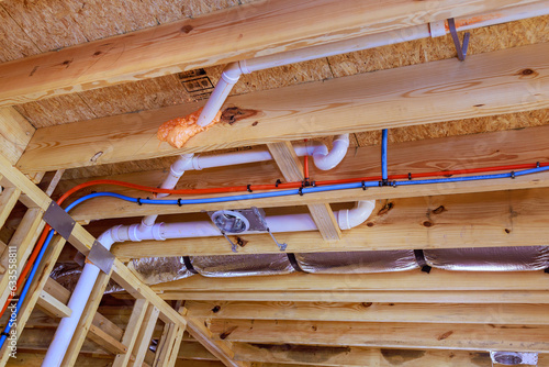 Plumbing system installation with pvc plastic drain pipe and water piping system for new home