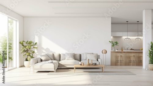 Warm and modern living room kitchen interior