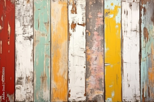 Texture of vintage wood boards with cracked paint of white, red, yellow and blue color. Horizontal retro background with wooden planks of different colors © Adriana