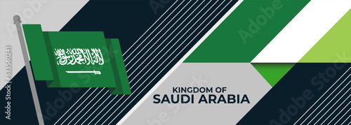 Saudi Arabia national day banner, flag colors background and geometric abstract modern green white design. Kingdom of Saudi Arabia flag independence day corporate business theme. Vector Illustration.