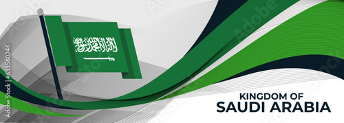 Saudi Arabia national day banner, flag colors background and geometric abstract modern green white design. Kingdom of Saudi Arabia flag independence day corporate business theme. Vector Illustration.