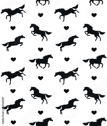 Vector seamless pattern of flat hand drawn horses and hearts silhouette isolated on white background