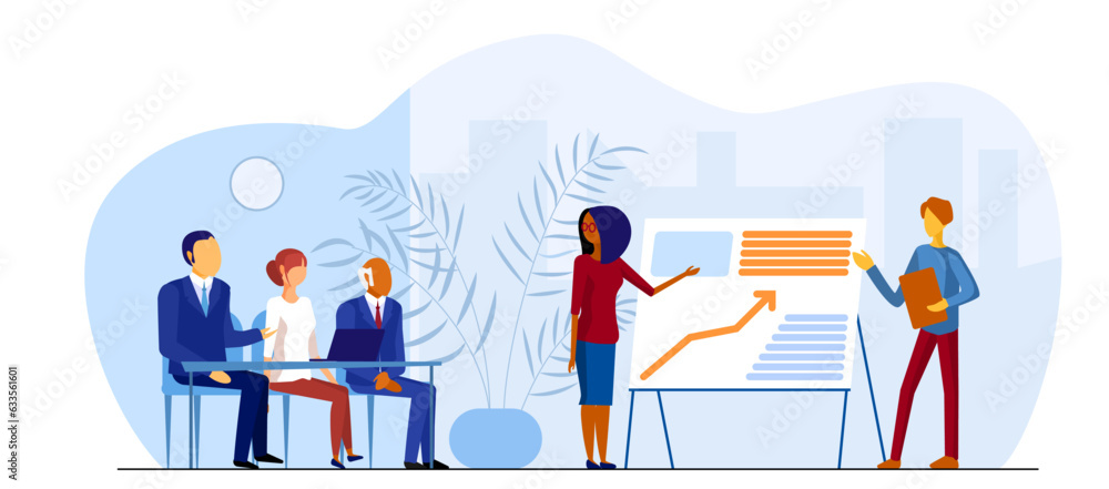 Obraz premium Business meeting flat vector illustration. Office workers presents a report on the work. Teamwork concept. Faceless cartoon characters in the conference room