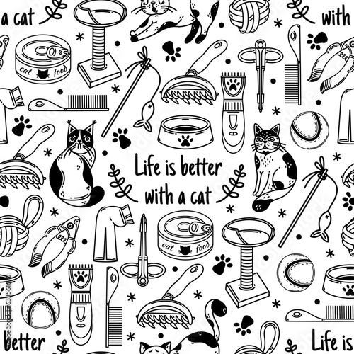 Life is better with a cat seamless vector pattern. Goods for pet - food, toy, bowl with paw print, scratching post, shaver, teaser, comb. Grooming and veterinary for animal. Black and white background