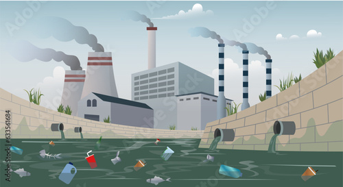 polluted water by industrial production, dead and dirty river in factory area illustration, Water pollution with industry waste in river
