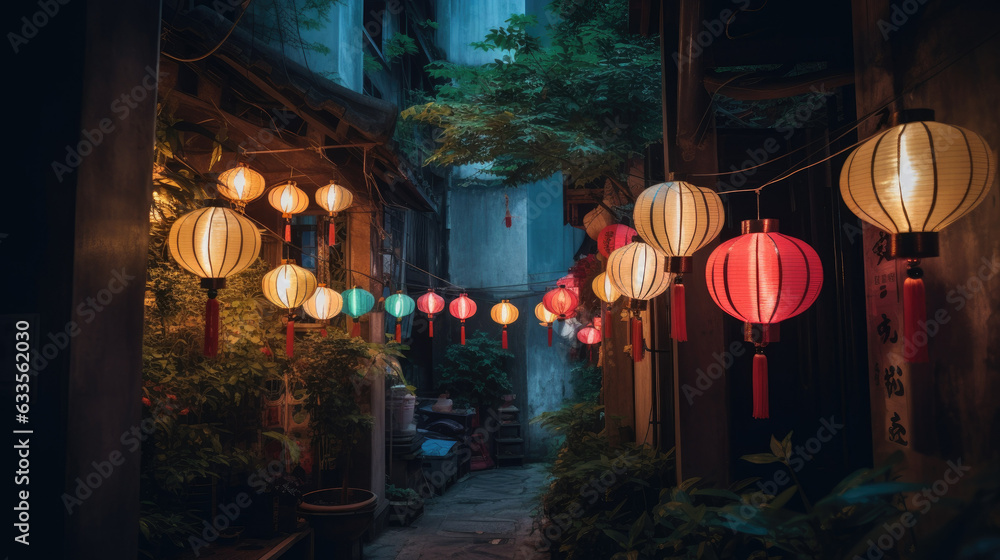 Paper lanterns on the streets of old Asian town - obrazy, fototapety, plakaty 