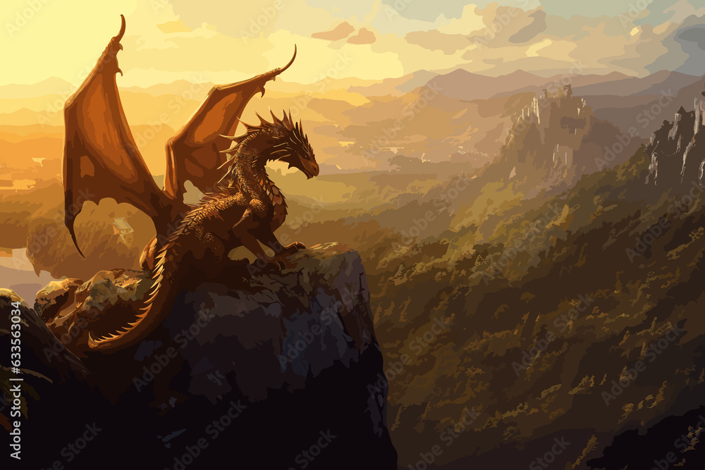 Obraz premium A majestic dragon perched on a cliff overlooking a misty valley, medium: digital painting, style: reminiscent of classic fantasy illustrations, lighting: soft dawn light with shadows, colors: earthy