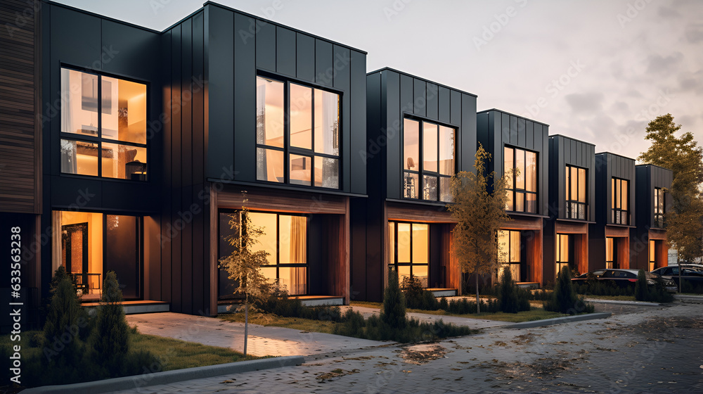 Modern modular private black townhouses. Residential architecture exterior. Created with generative Ai Modern modular private black townhouses. Residential architecture exterior. Created with generative Ai