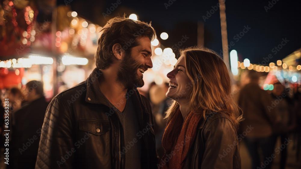 Young couple laughing at a fall festival Young couple laughing at a fall festival