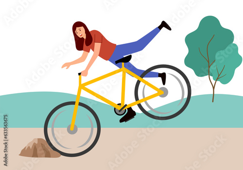 Woman falling off bike in flat design. Bicycle accident.
