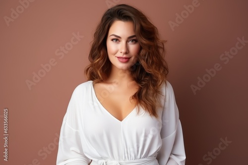 Front view of plus size model Excited and chic woman. Minimalist Fashion in Stillness. Generative AI. 