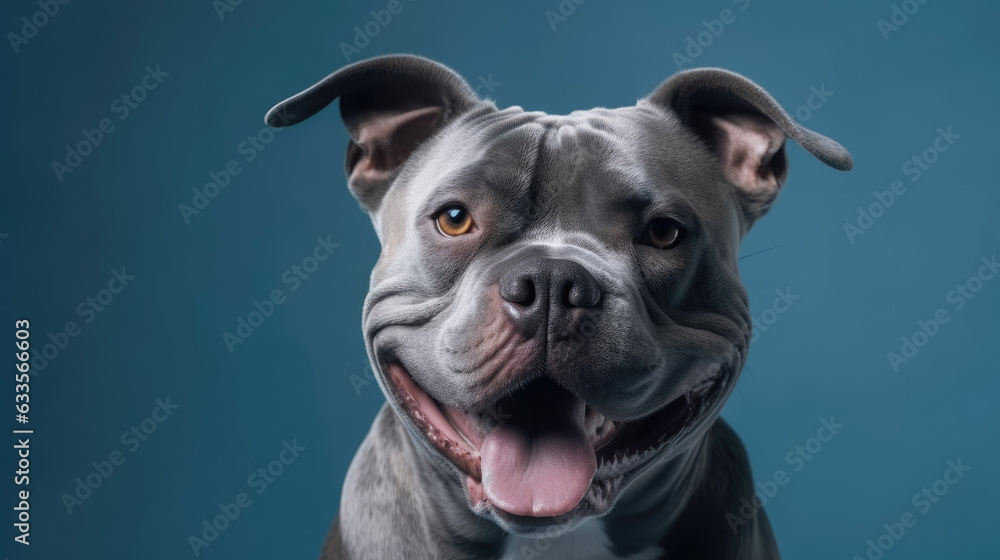 Portrait happy smiling american bully dog Isolate on blue background