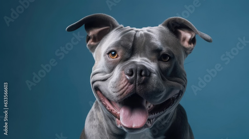 Portrait happy smiling american bully dog Isolate on blue background