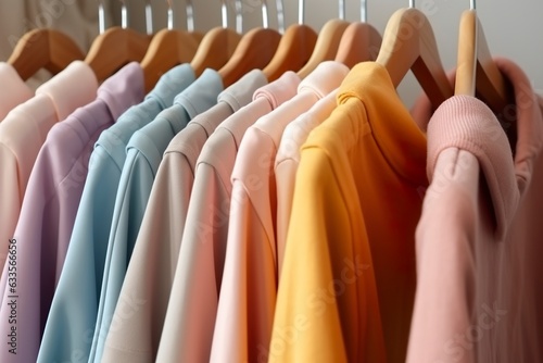 Colorful clothes on a clothing rack, pastel colorful closet in a shopping store or bedroom, rainbow color clothes choice on hangers, home wardrobe concept image. 