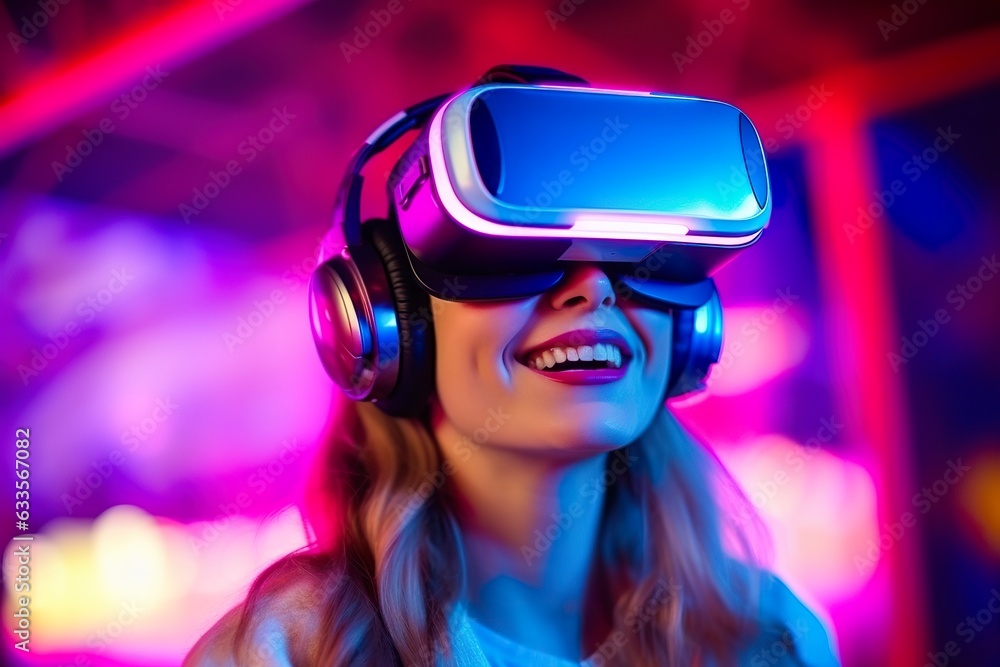portrait of a smiling woman in casual clothes wearing Virtual Reality glasses, and playing, neo light, blurred neo color background, AI Generative portrait of a smiling woman in casual clothes wearing Virtual Reality glasses, and playing, neo light, blurred neo color background, AI Generative
