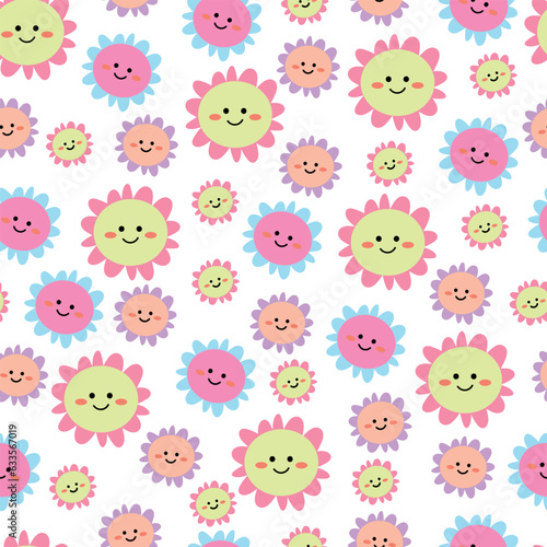 Cute flowers pattern, smile sunny face cartoon seamless background, vector illustration, wallpaper, textiles, bag, garment, fashion design