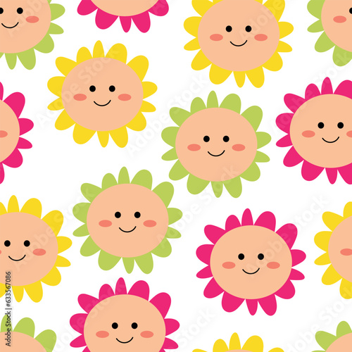 Cute flowers pattern, smile sunny face cartoon seamless background, vector illustration, wallpaper, textiles, bag, garment, fashion design