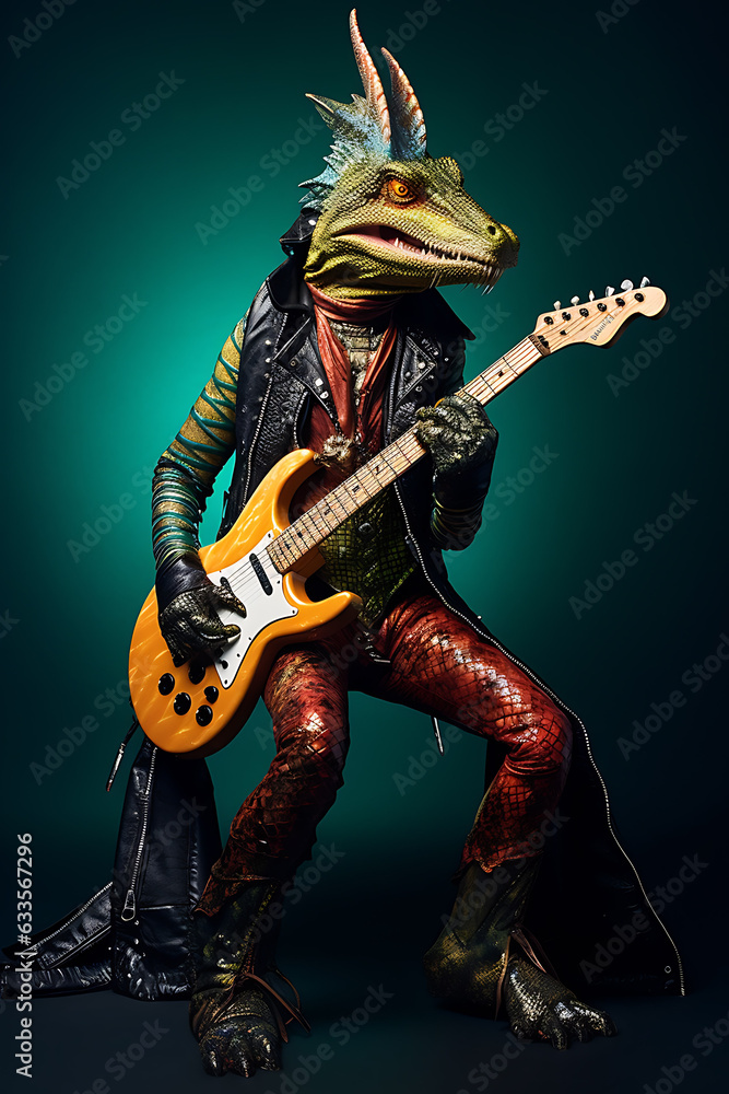 Fototapeta premium In the style of a fashion shoot, a photo of an anthropomorphic lizard on bass guitar