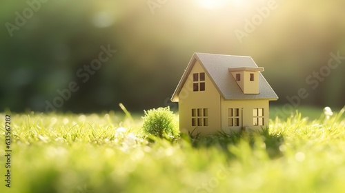 Copy space of home. Small model home on green grass with sunlight. AI Generative