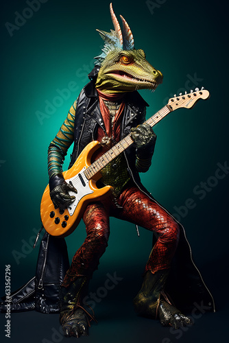 In the style of a fashion shoot  a photo of an anthropomorphic lizard on bass guitar