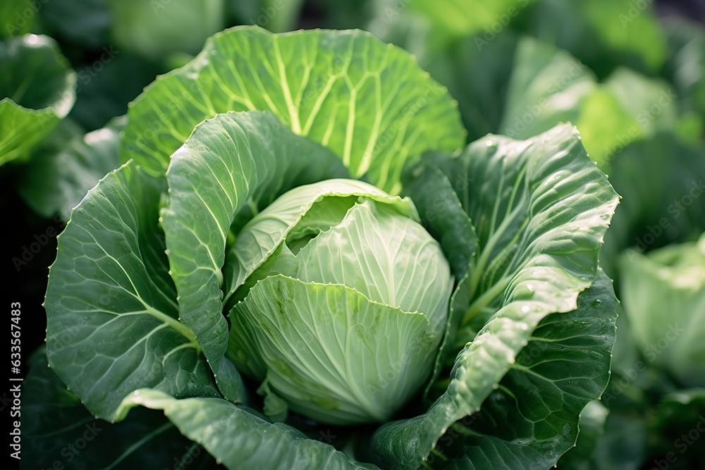 Cabbage growing in an urban garden. Cabbage leaves and head close up. Generative AI Cabbage growing in an urban garden. Cabbage leaves and head close up. Generative AI