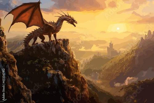  A majestic dragon perched on a cliff overlooking a misty valley, medium: digital painting, style: reminiscent of classic fantasy illustrations, lighting: soft dawn light with shadows, colors: earthy 