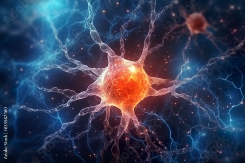 Active neurons in the brain, close up view. Scientific Generative illustration. AI Generative