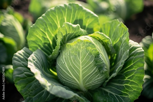Cabbage growing in an urban garden. Cabbage leaves and head close up. Generative AI