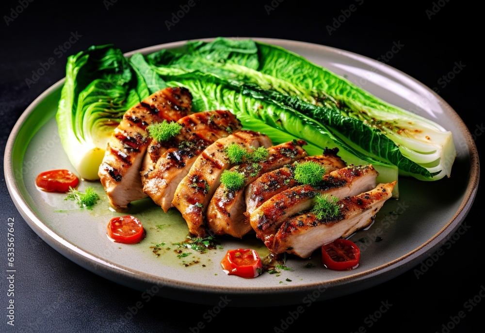 Chicken grill meat served with pak choi vegetables on a plate. Generative AI