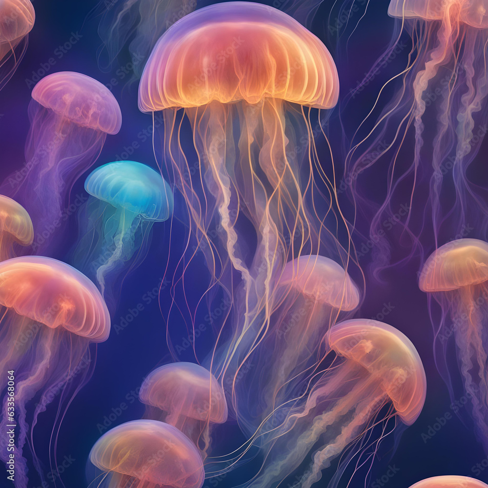 Iridescent jellyfish, drifting through the depths like otherworldly dancers Iridescent jellyfish, drifting through the depths like otherworldly dancers