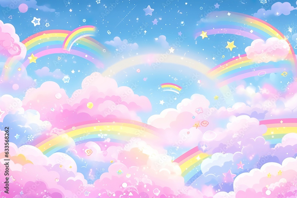 Fantasy sky rainbow. Fairy skies rainbows colors, magic landscape and dream sky.