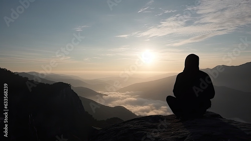 Silhouette of man meditate on top mountain finding peace in mind