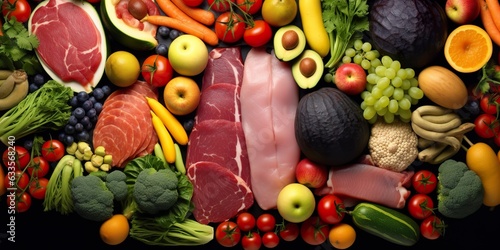Different types of meats, vegetables, and fruits lay in supermarkets. photo