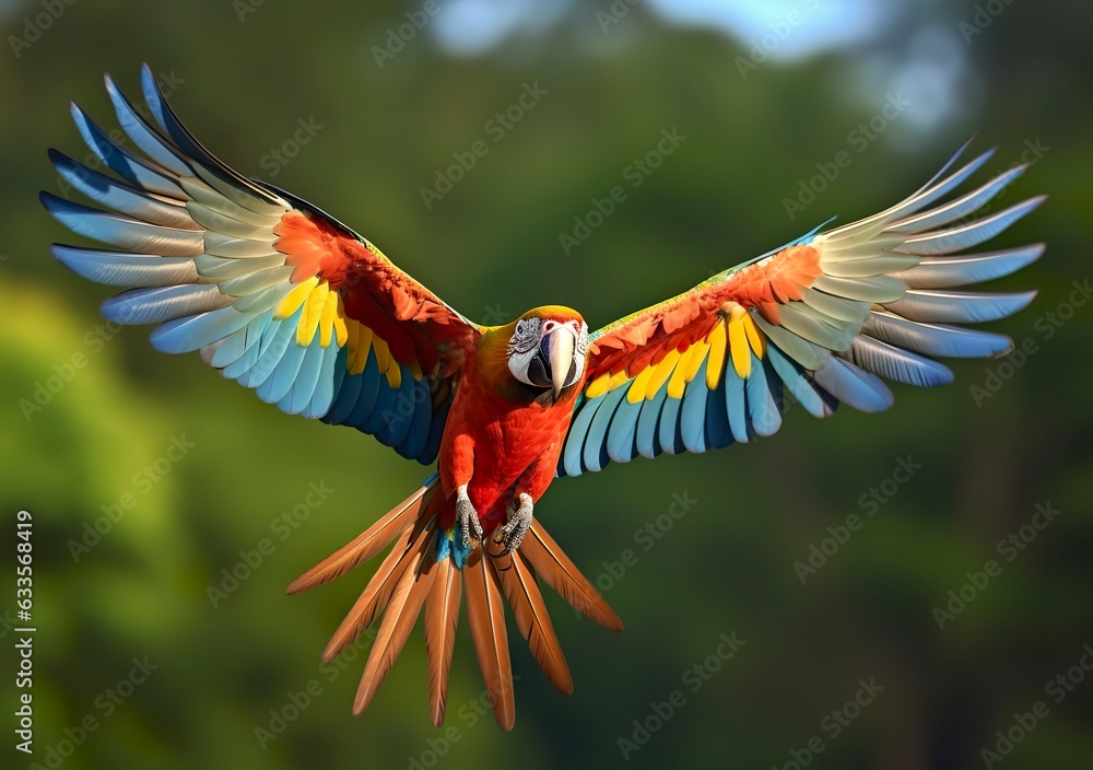 Flying macaw, beautiful bird. 