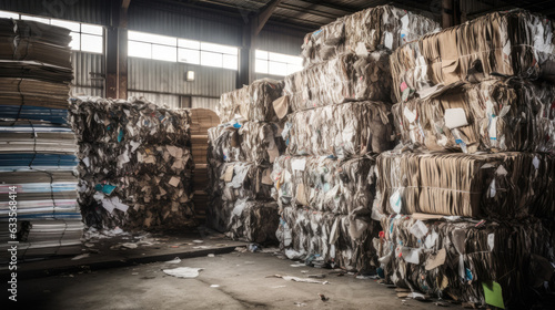 Stack of paper waste before shredding at recycling factory