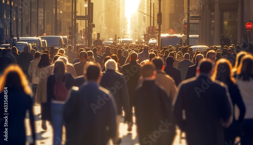 Crowd of people walking busy city street backlit.  © MEHDI