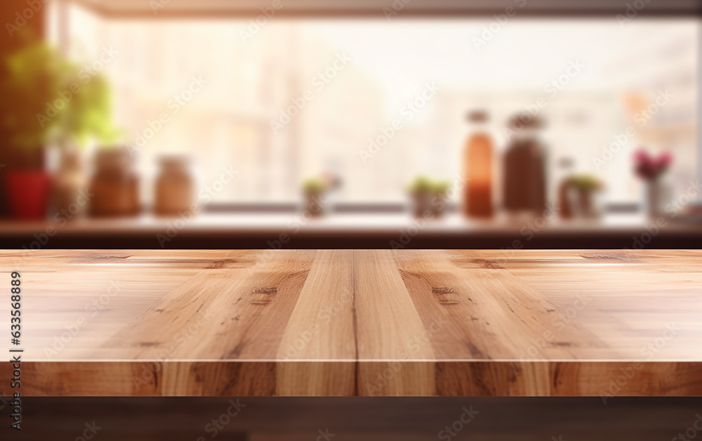 Bokeh background with empty wooden deck table for product montage display