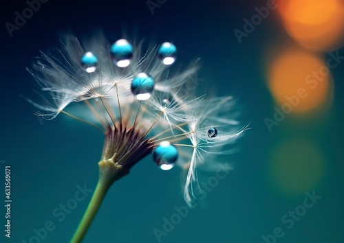 Beautiful dew drops on a dandelion seed macro. Beautiful blue background. Generative AI