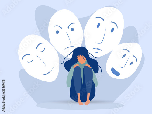Imposter syndrome; masks with happy or sad expressions. Bipolar disorder; fake faces and emotions. Psychology; false behavior or deceiver.vector illustrator.