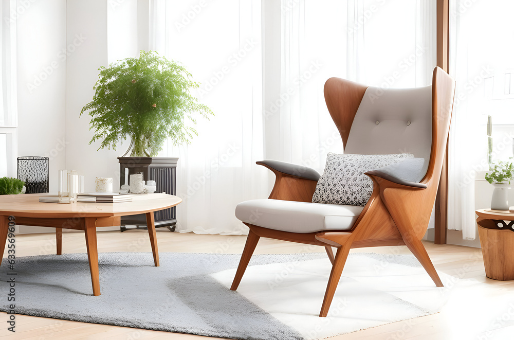 Fototapeta premium Minimalist interior design of modern living room with rustic accent pieces